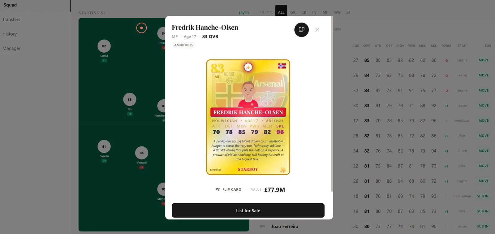 A golden Starboy player card for a 17-year-old Norwegian midfielder, shown over the squad screen with full stats and a £77.9M valuation