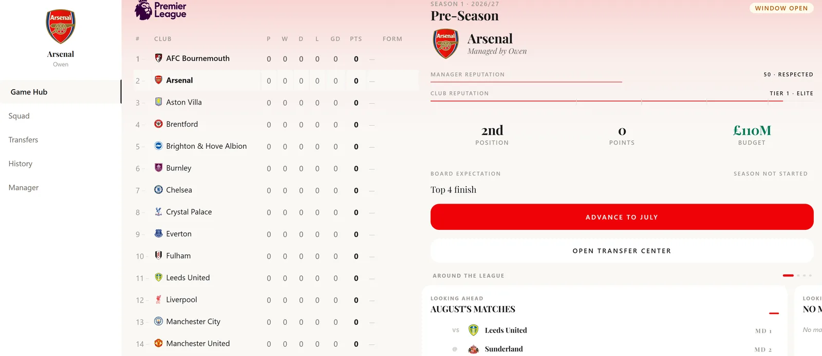 EPL Manager's game hub showing a pre-season league table beside an Arsenal club page with budget, board expectation and upcoming fixtures