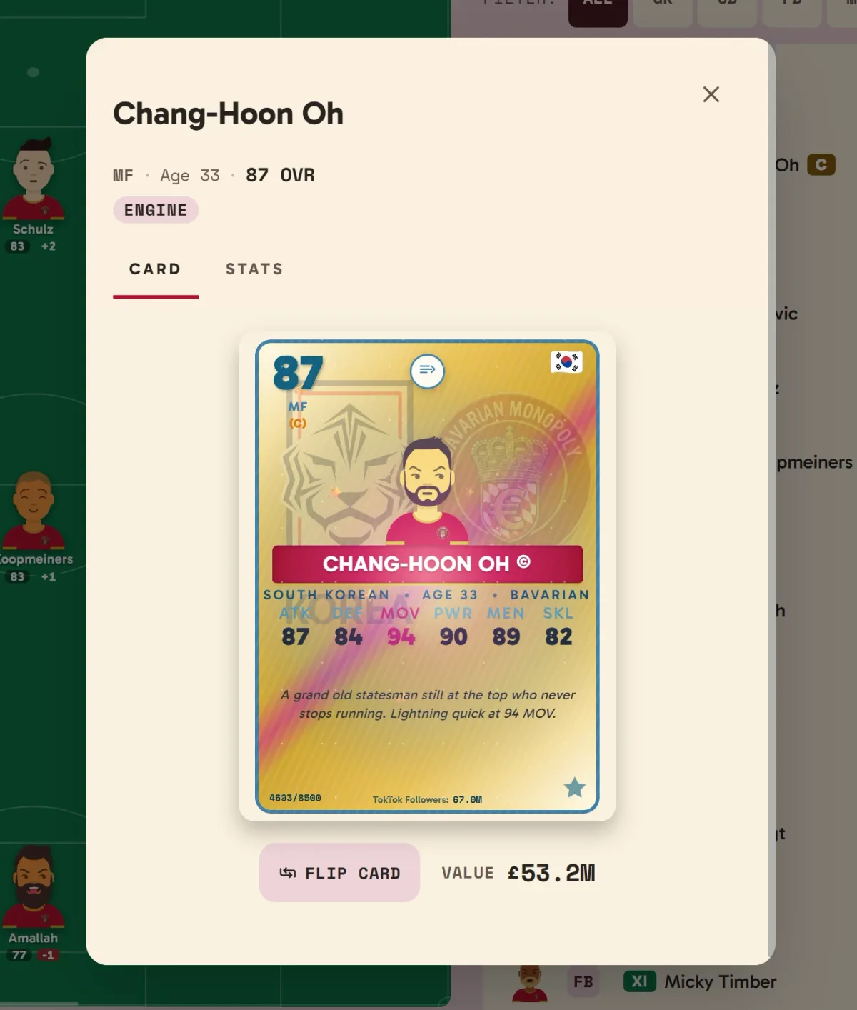 A gold player card for Chang-Hoon Oh, an 87-rated South Korean midfielder and Bavarian Monopoly captain, showing six attributes, a foil serial number 4693/8500, 67 million TokTok followers and a £53.2M valuation