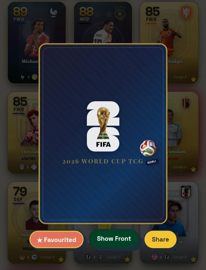 A player card flipped to its ornate blue 2026 World Cup TCG back, with Favourite, Show Front and Share buttons, other gold cards visible in the binder behind