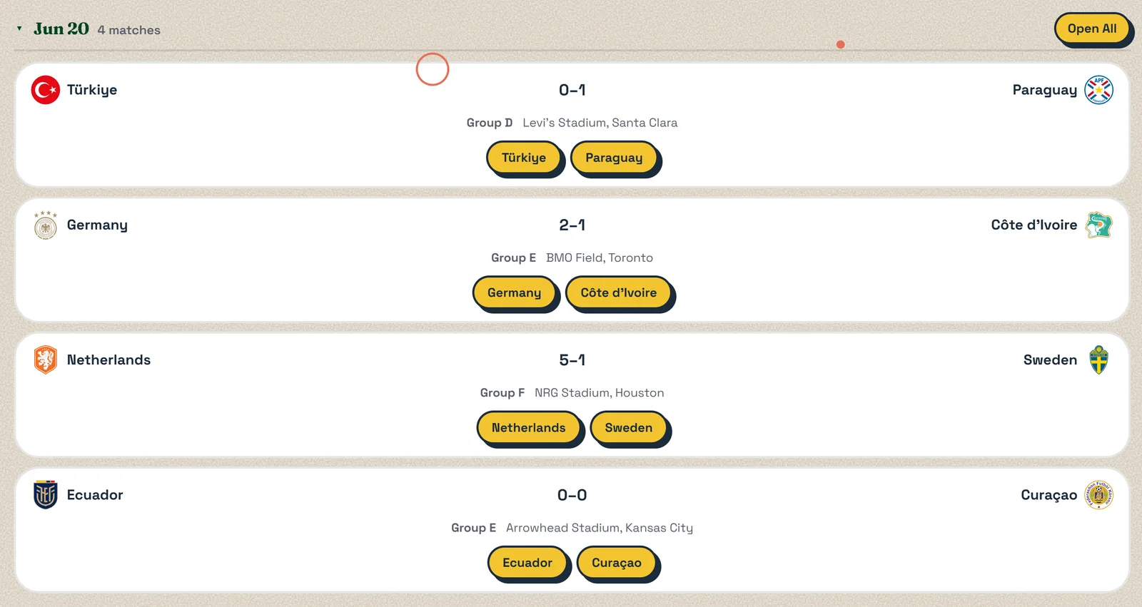 Matchday screen listing four finished group-stage fixtures, each with a pack button for both teams